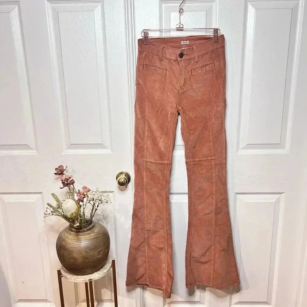 BDG Womens Pink Orange Corduroy Flare Jeans Sz 25 Retro 70s Boho Faded Indie